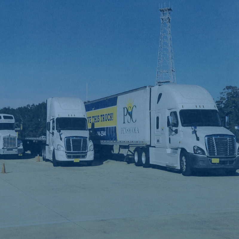 PSC branded semi truck with solid blue overlay